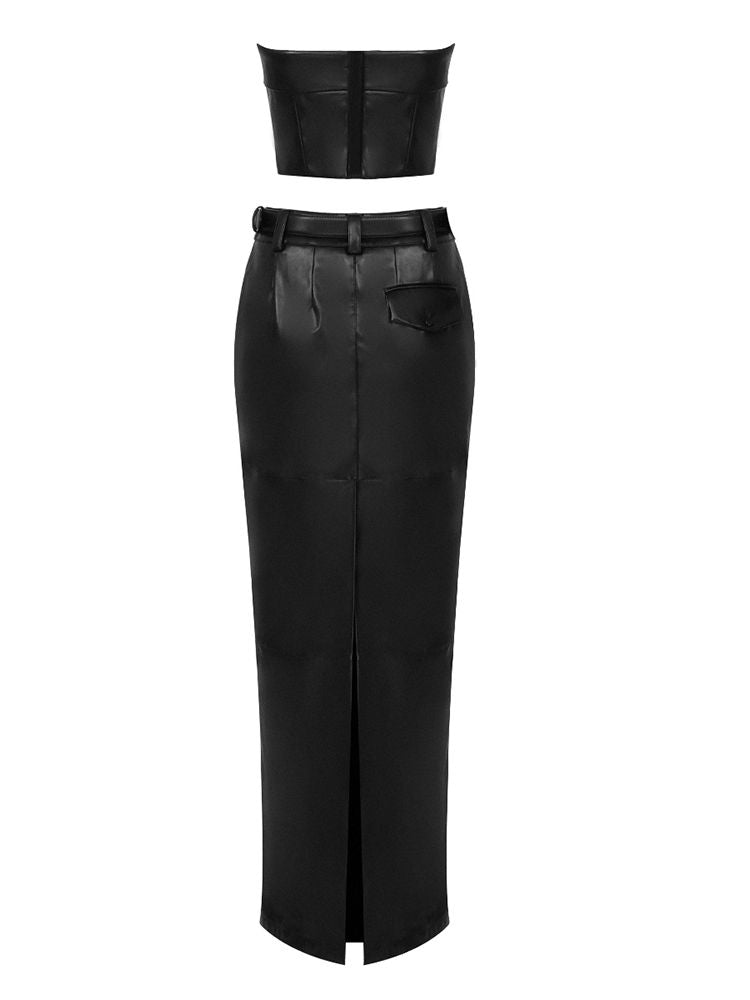 Black PU Leather Two-Piece Club Dress Set belt 