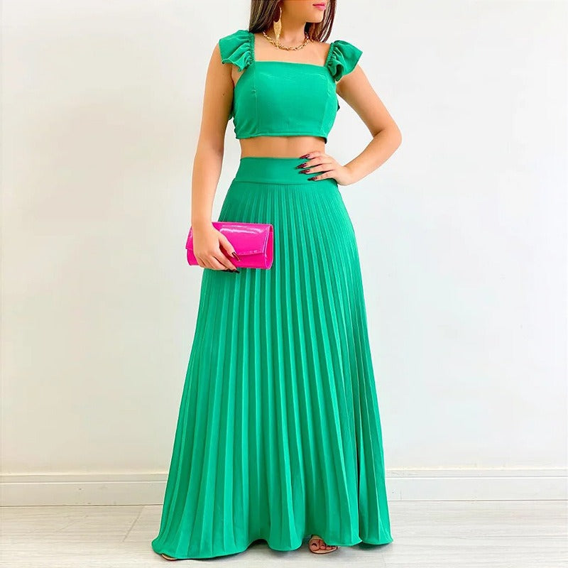 Women's Spring New Solid Color Short Tank Top High Waist Pleated Half Length Dress Fashion Casual Set