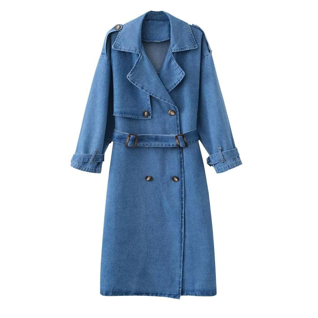 New Style With Belt Loose Mid-length Double-breasted Denim Trench Coat