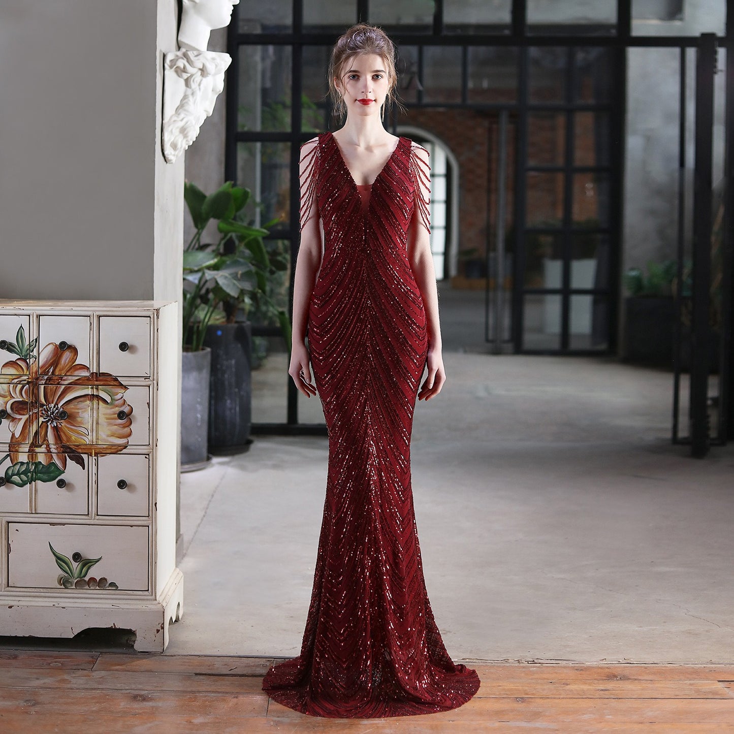 New sequin fishtail long dress performance event banquet car model etiquette evening dress