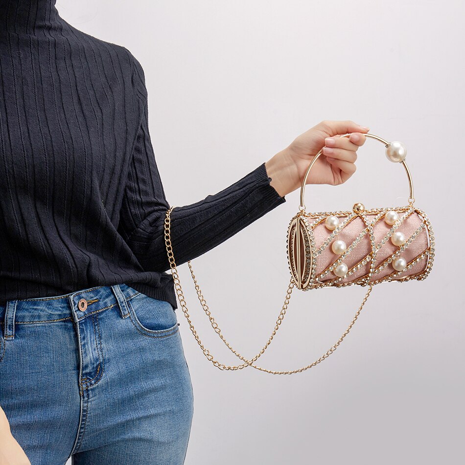 Hollow Out Diamonds Evening Clutch Bag Women Chic Small Barrel Shaped Metal Cage Handbag Round Rhinestone Purse Wedding