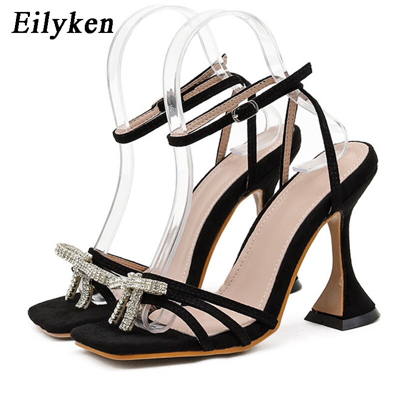 Rhinestone Bowknot Women Sandals PVC Jelly Transparent Perspex High Heels Summer Sexy Square toe Ankle Buckle Strap Shoe