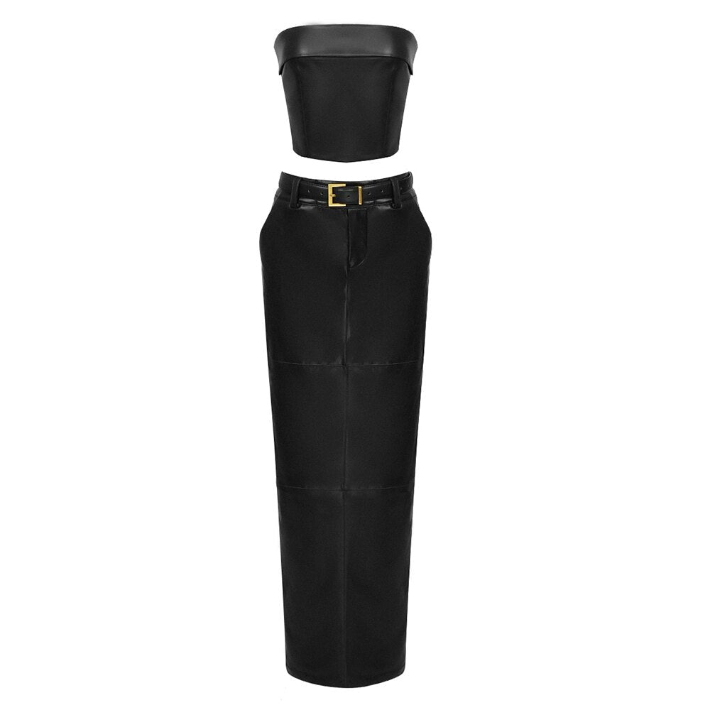 Black PU Leather Two-Piece Club Dress Set belt 