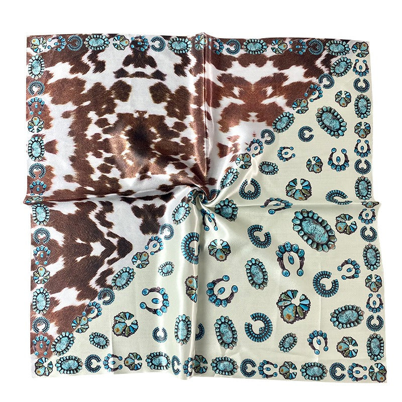 Silk Scarf European and American Womens 90 Square Scarf Western Style Vintage Printed Cow Pattern Turquoise Scarf