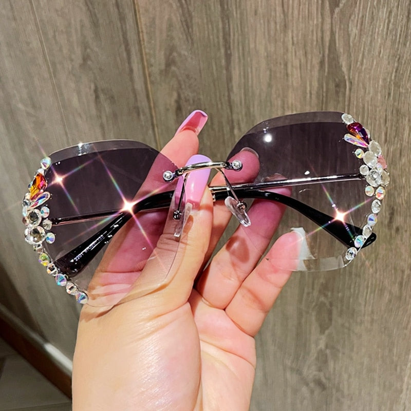 Fashion Brand Design Vintage Rimless Rhinestone Sunglasses Women Men Retro Cutting Lens Gradient Sun Glasses Female UV400