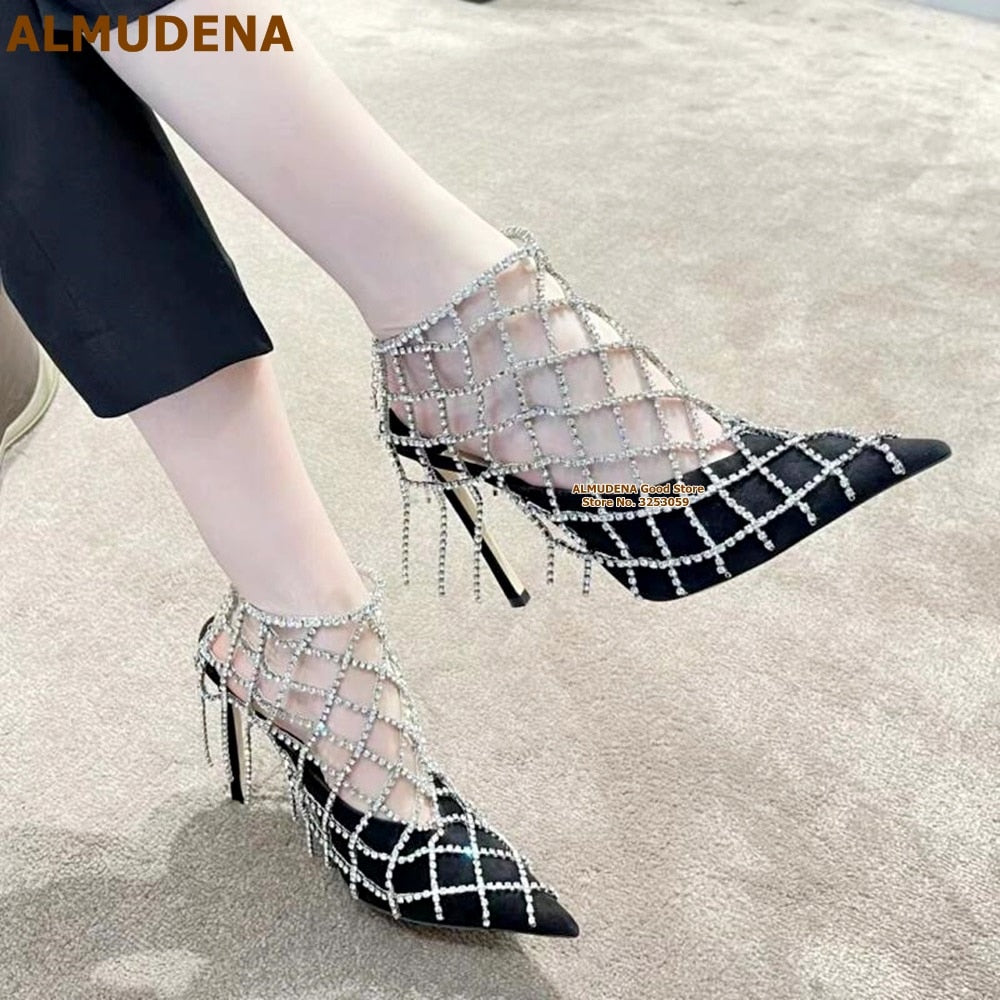 Bling Bling Crystal Net Fringe Wedding Shoes Black White Patchwork Shining Rhinestone Caged Tassel Thin Heel Pumps