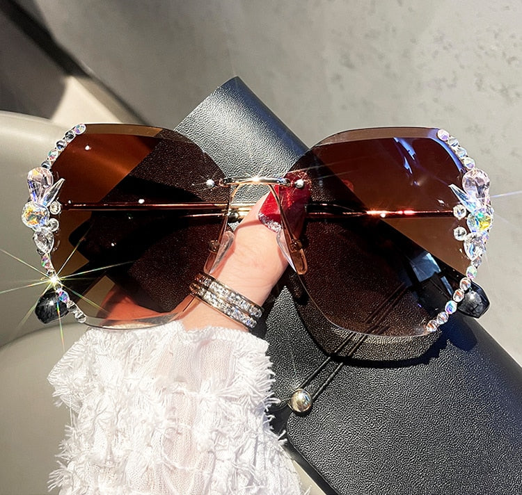 Fashion Brand Design Vintage Rimless Rhinestone Sunglasses Women Men Retro Cutting Lens Gradient Sun Glasses Female UV400