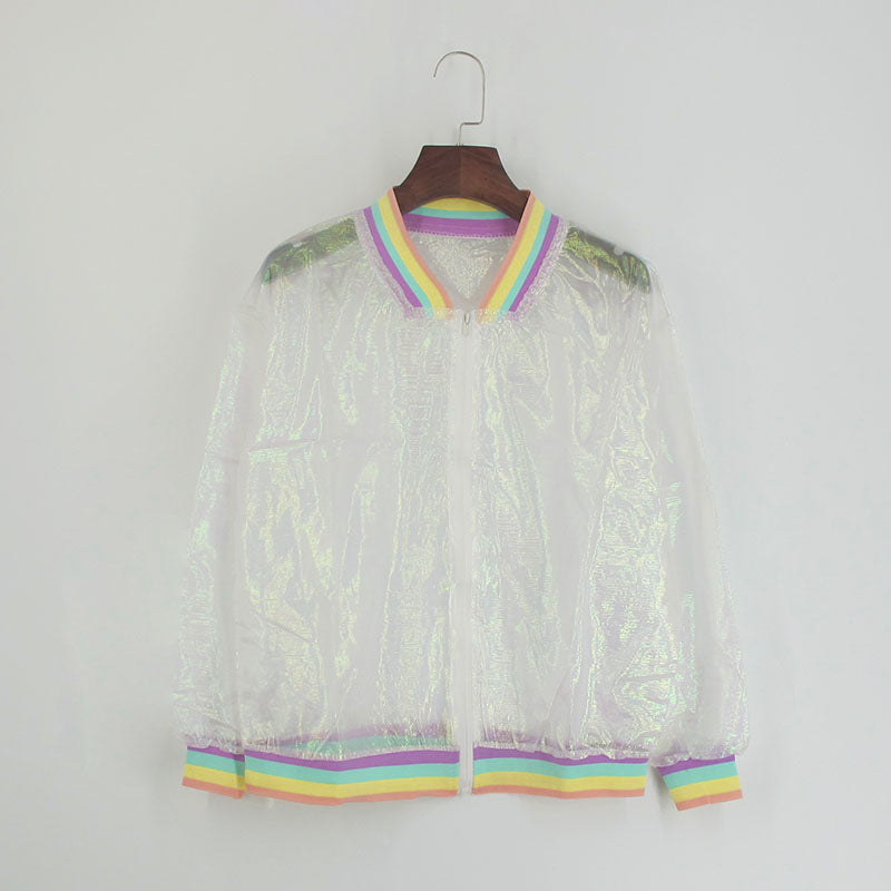 Harajuku bomber color Women Jacket Coats Laser Rainbow Symphony Hologram Coat Clear Iridescent Transparent Jersey Jacket