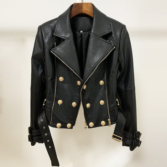 New Women's Jacket Fashion Lion Button Slim Fit Double Zipper Inclined Zipper Motorcycle Leather Coat