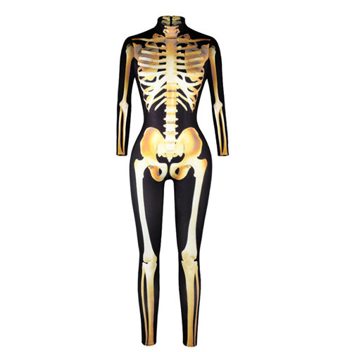 Gold Mechanical Bone Skull Costume Women Halloween Outfit Skeleton Costumes Plus Size Jumpsuit Scary Bodysuit