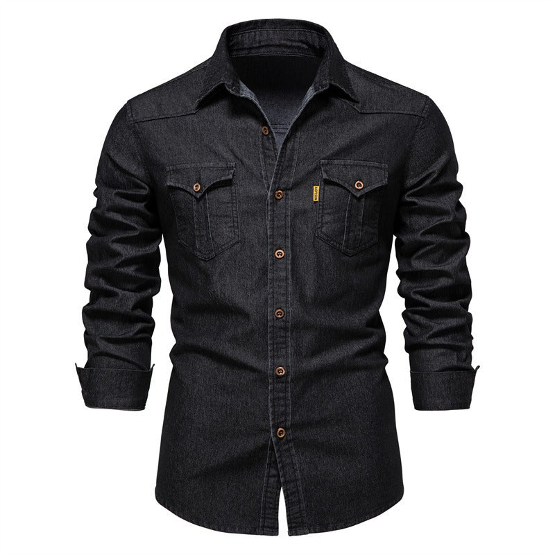 Trendy New US Size Denim Iron Free Shirt Men's Casual Solid Color Iron Long Sleeve Shirt