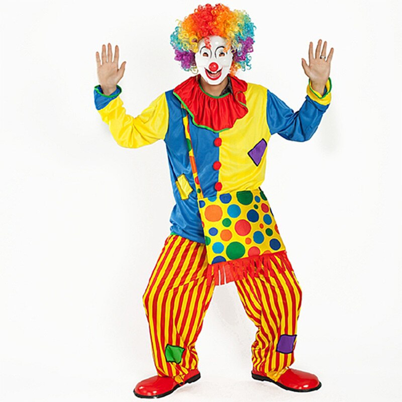 Halloween Cosplay Costume Circus Performance Clown Costume Adult buffoon Masquerade Carnival Family Party Dress Top+Pants+Bag