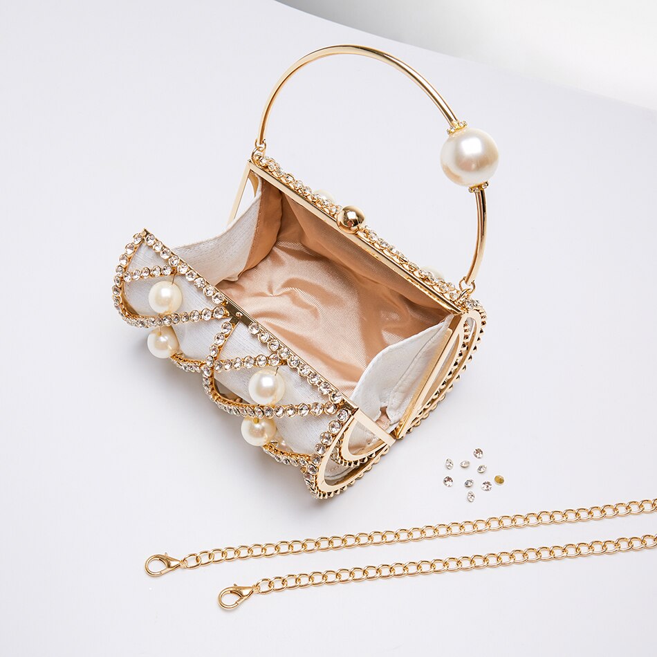 Hollow Out Diamonds Evening Clutch Bag Women Chic Small Barrel Shaped Metal Cage Handbag Round Rhinestone Purse Wedding