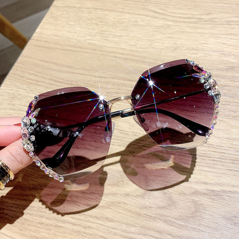 Fashion Brand Design Vintage Rimless Rhinestone Sunglasses Women Men Retro Cutting Lens Gradient Sun Glasses Female UV400