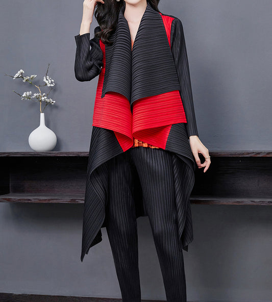 Patchwork Double Collar Cardigan Long Sleeve Pleated Trench Coat Women Medium Long Autumn Luxury Lady Windbreaker