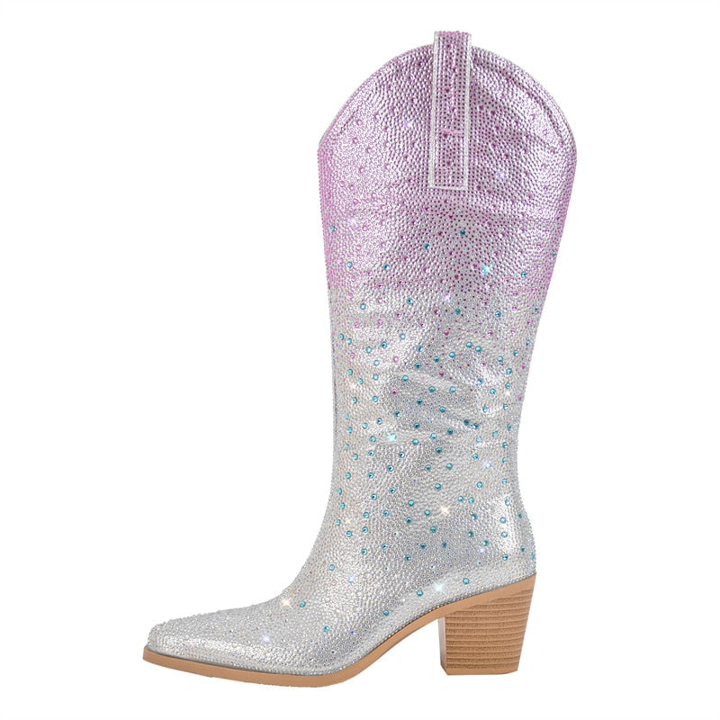 Processing time:7-15days after placing orders Onlymaker Women Pointed Toe Rhinestone Knee High Western Cowgirl Boots Glitter Bling Shiny  Block Heel Lady Boots