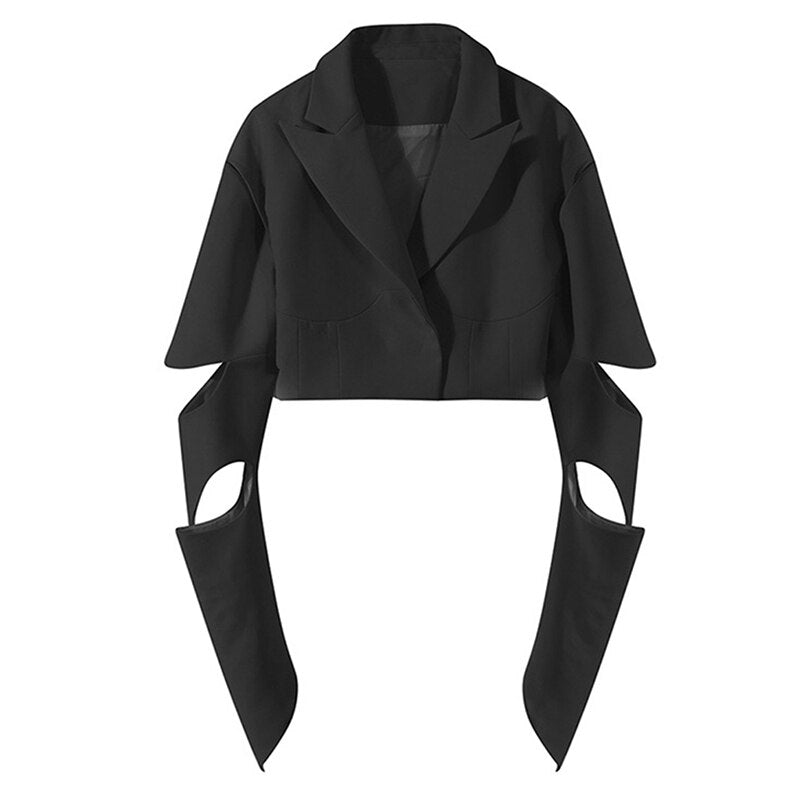 Women Black Hollow Out Short Blazer New Lapel Long Sleeve Loose Fit Jacket Fashion Spring Autumn