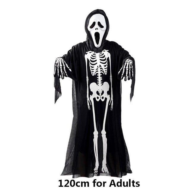 Skull Skeleton Ghost Cosplay Costume Adults Kids Halloween Carnival Masquerade Fancy Dress Clothes+Skull Devil Mask+Gloves