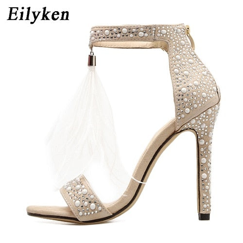 Women Sandals Pumps Summer Rhinestone Zipper Feather High Heel Apricot Women Wedding Pumps Shoes