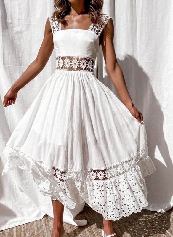 New European and American Fashion Lace Sleeveless Splicing Long Skirt Dress