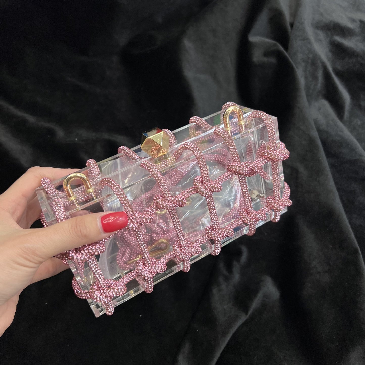 Shiny Dull Diamond Transparent Acrylic Box Banquet Rhinestone Hand Woven Rope Small Square Armpit Bag