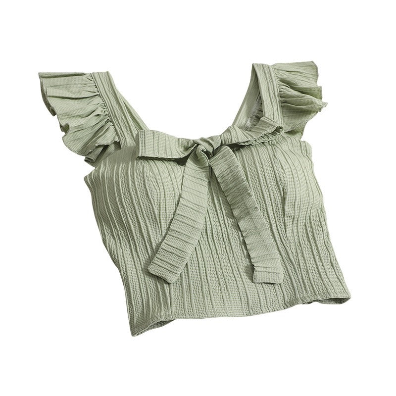 Summer New Sweet Design Sense Short Solid Bow Tank Top with Strap Short Ruffle Top Small Tank Top