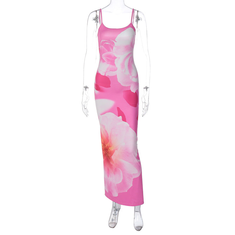 Floral print dress with U-neck open back slit strap high waist tight and elegant long skirt