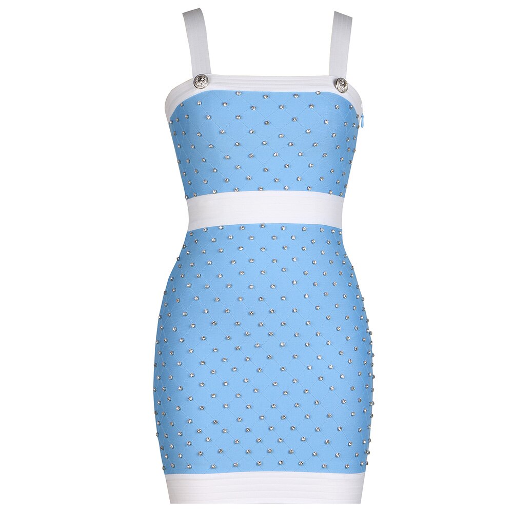 JUNE LIPS Mini Bandage Dress Summer Women Fashion Crystal Trim Bodycon Dress 2023Sexy Spaghetti Strap Club Party Dress Birthday