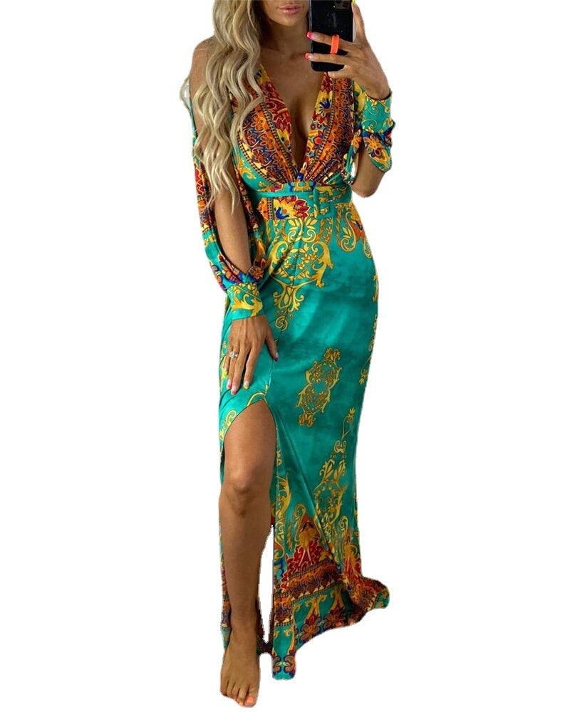 New European and American Style Sexy Women's Deep V Split Exquisite Print Dress