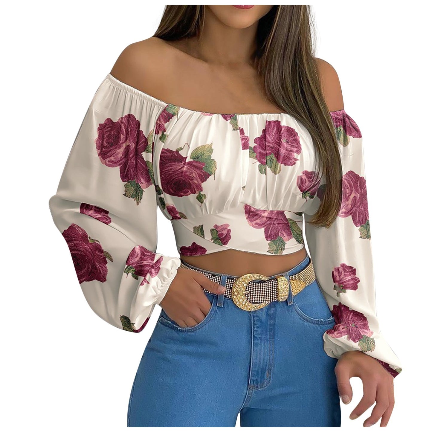 Spring/Summer European and American Women's Wear Women's Off Shoulder Cross Tie Long Sleeve Top