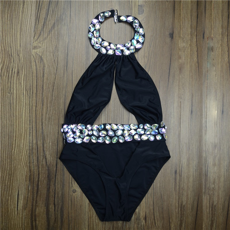 High Quality Pareo Rhinestone Diamond Crystal One Piece Swimsuit Cut Out Swimwear Women Biquini Monokini High Cut Bathing Suit