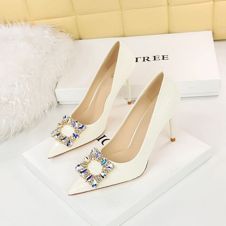Banquet high heels thin women shoes stiletto super high heel shallow mouth pointed metal rhinestone buckle single shoes