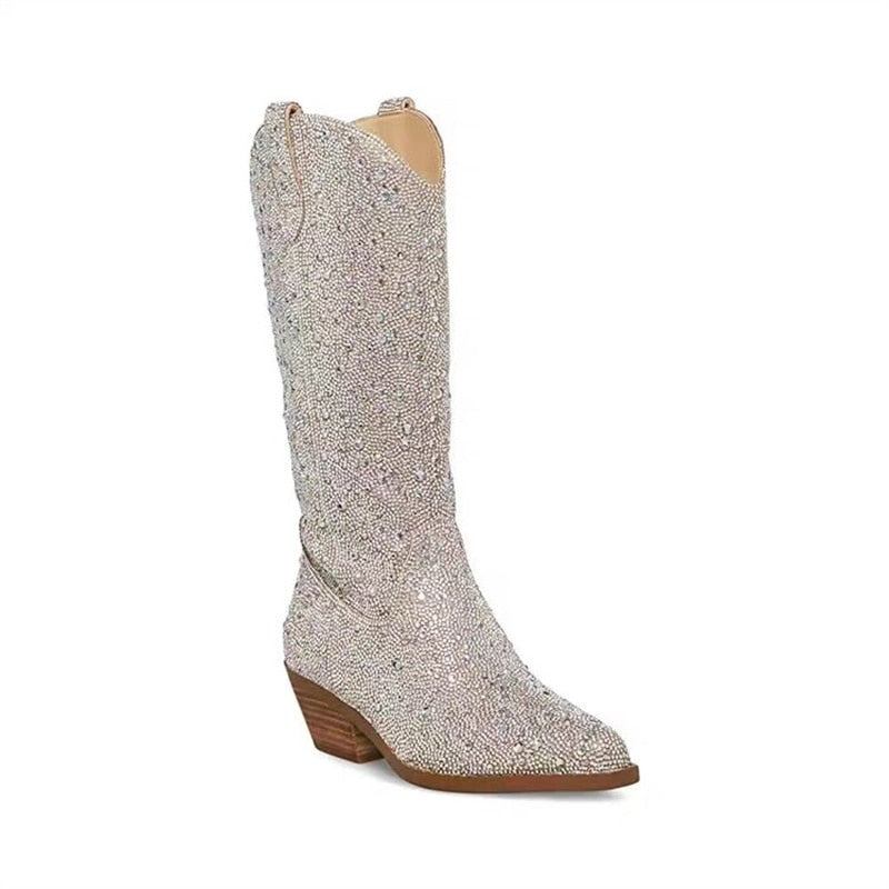 Processing time:4-7days after placing orders Rhinestone Women's High Boots Pointed Toe Slip-on Long Boots Women  Female Shoes Chunky Heels Women Cowboy Botas Femininas 2023