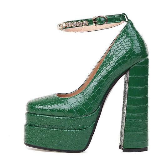 New Sexy Crocodile Pattern Pumps Platform Thick High Heel Rhinestone Party Women's Shoes Black Green Spring Summer Big Size