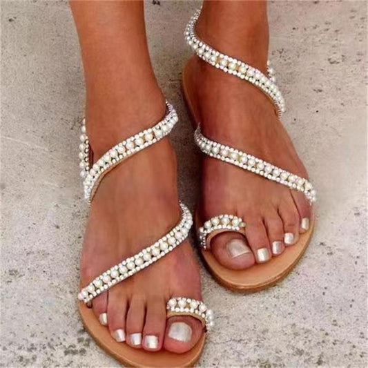 Summer Toe Sandals Women's Flat Bottom Rhinestone Large Beach Shoes