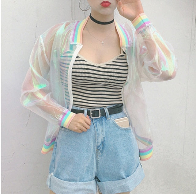 Harajuku bomber color Women Jacket Coats Laser Rainbow Symphony Hologram Coat Clear Iridescent Transparent Jersey Jacket