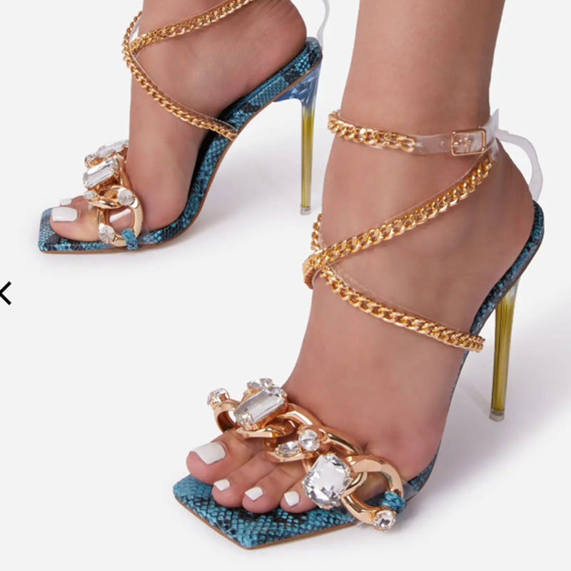 New Square Toe Snake Print Sandals Feminine High Heels Rhinestone Lace Up Women's Shoes Large Size