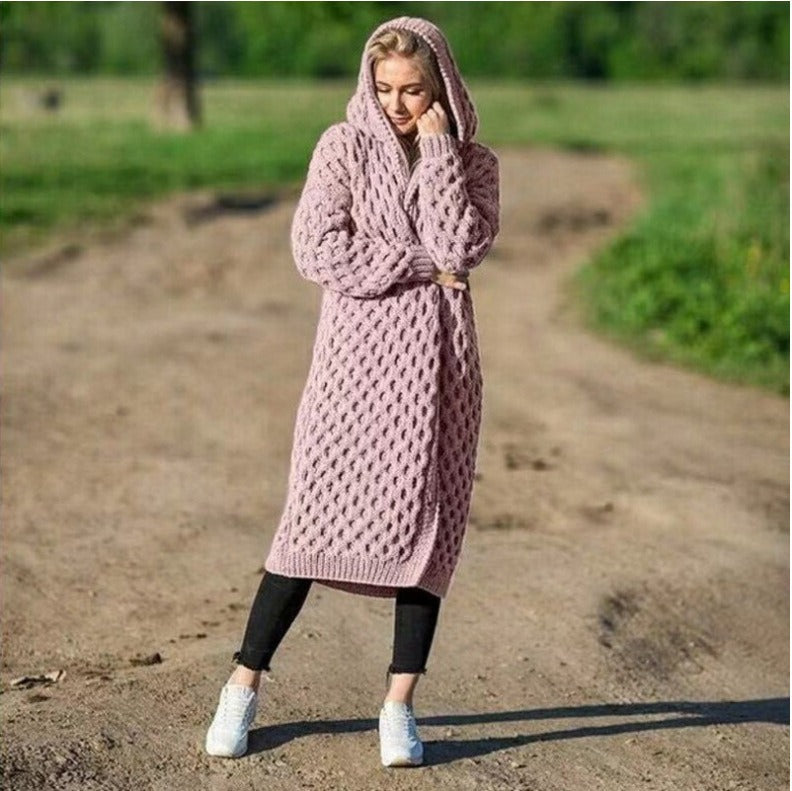 Autumn and Winter Warm New Solid Color Women's Long Knitted Sweater Hooded Cardigan Coat