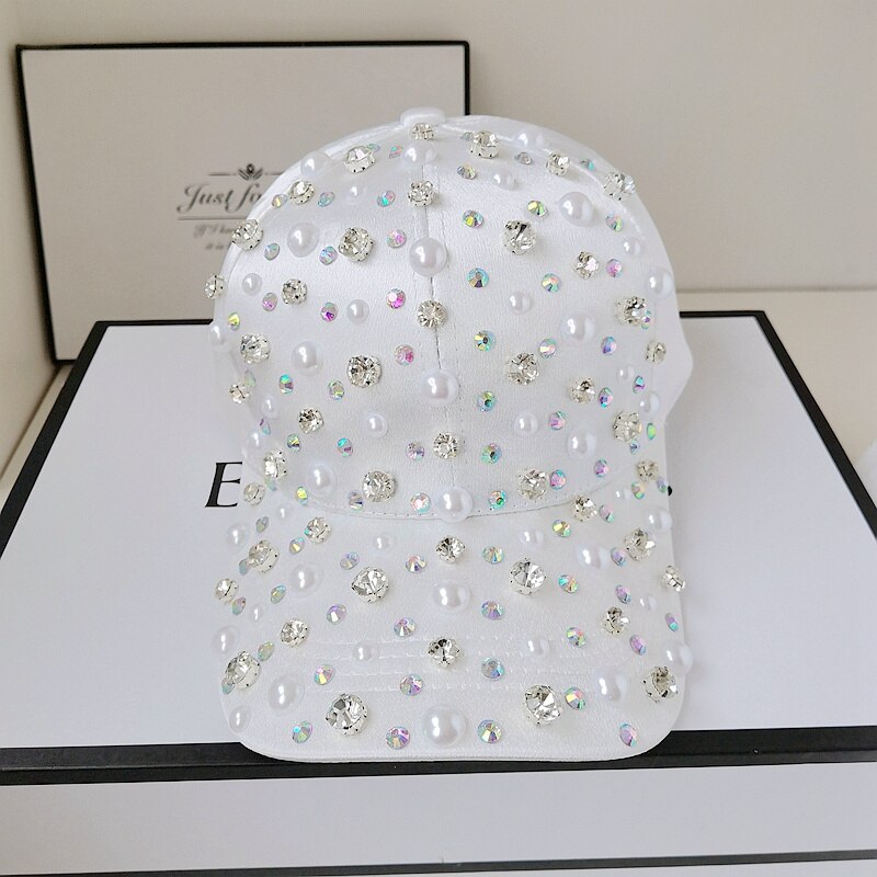 Woman Girl Rhinestone Pearl Baseball Hat White Pink Adjustable Snapback Cap Fashion Spring Sunhat Cool High Quality Hat