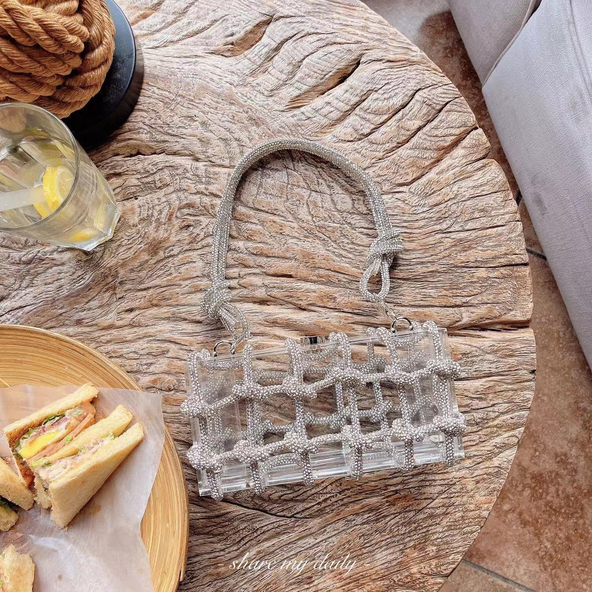 Shiny Dull Diamond Transparent Acrylic Box Banquet Rhinestone Hand Woven Rope Small Square Armpit Bag