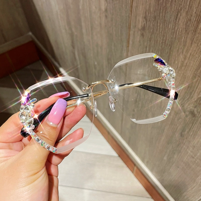 Fashion Brand Design Vintage Rimless Rhinestone Sunglasses Women Men Retro Cutting Lens Gradient Sun Glasses Female UV400