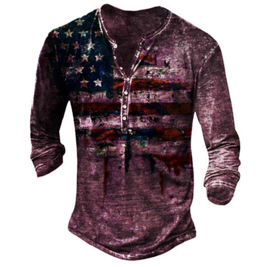 Pattern Henley Shirt Shirt Fashion New 3D Digital Printing Vintage Pattern Men's Long Sleeve T-Shirt Imitation Cotton