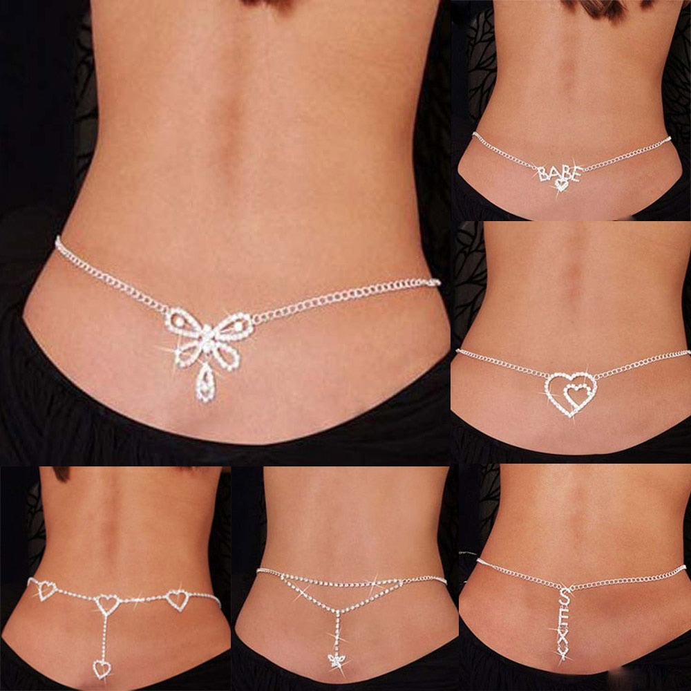 Sexy Glittery Silver Rhinestone Crystal Body Chain Belly Waist Lower Back Chain Belly Chain For Belly Dance Summer Jewelry