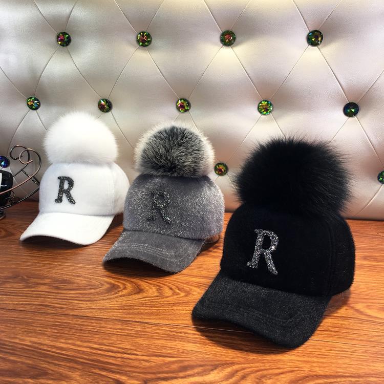 Fashion Faux fur ball baseball cap winter Faux seahorse hair Warm Cap For Women Rhinestone Diamond Letter Visor Hats