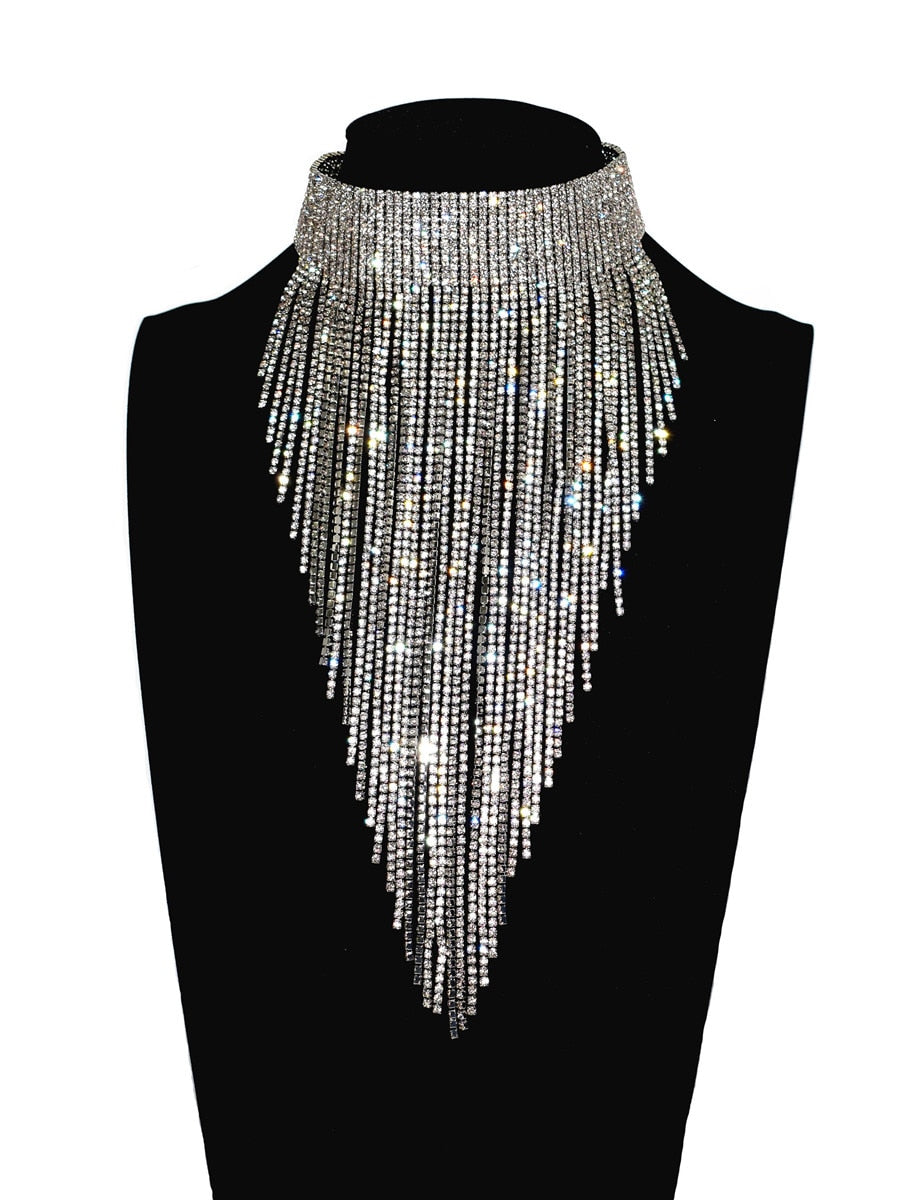 Shiny Full Rhinestone Long Chain Choker Collar Statement Necklace For Women High Quality Stunning Necklace Jewelry