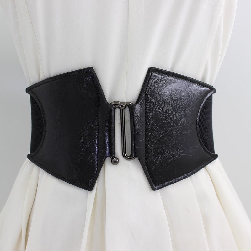 Gun black buckle waist belt for women with elastic adjustment, wide waist seal decoration, elastic belt for belt retraction