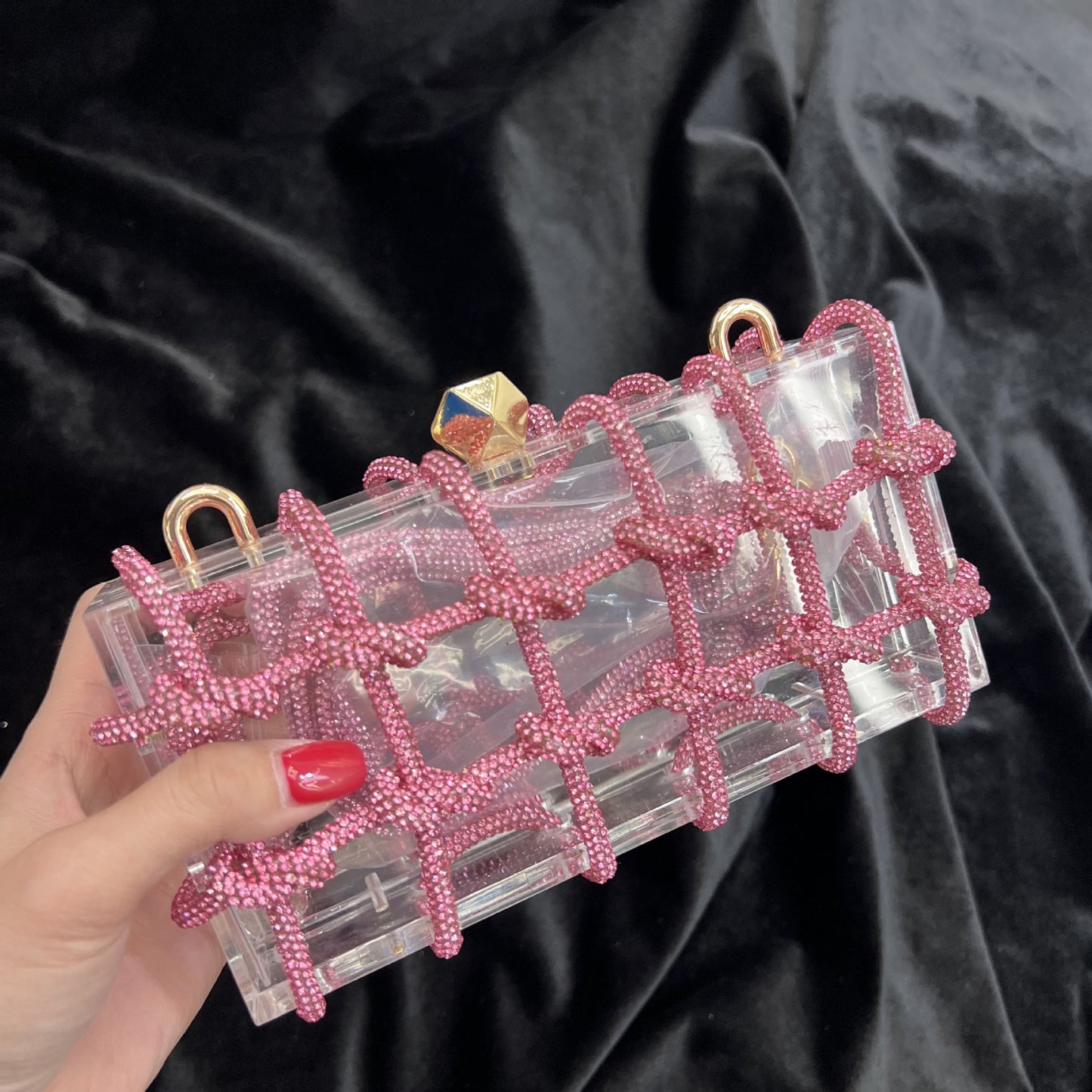 Shiny Dull Diamond Transparent Acrylic Box Banquet Rhinestone Hand Woven Rope Small Square Armpit Bag