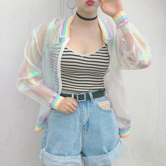 Harajuku bomber color Women Jacket Coats Laser Rainbow Symphony Hologram Coat Clear Iridescent Transparent Jersey Jacket