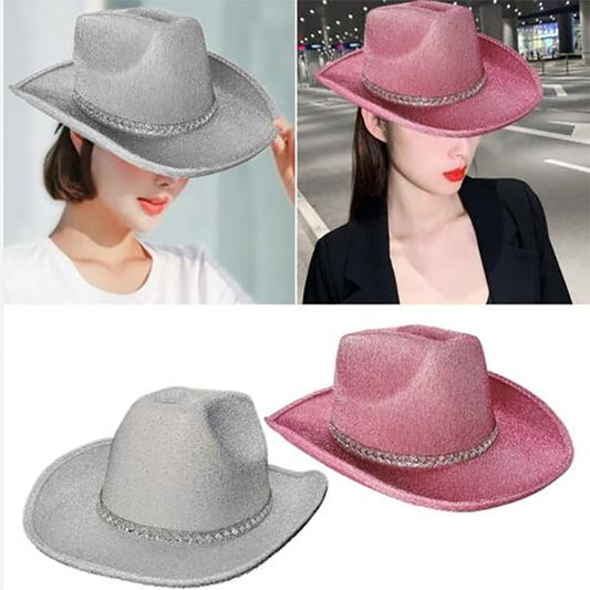 New Pink Sparkling Pink Western Denim Hat White Diamond Striped Bridal Adult Sparkling Velvet Double Sided Denim Hat