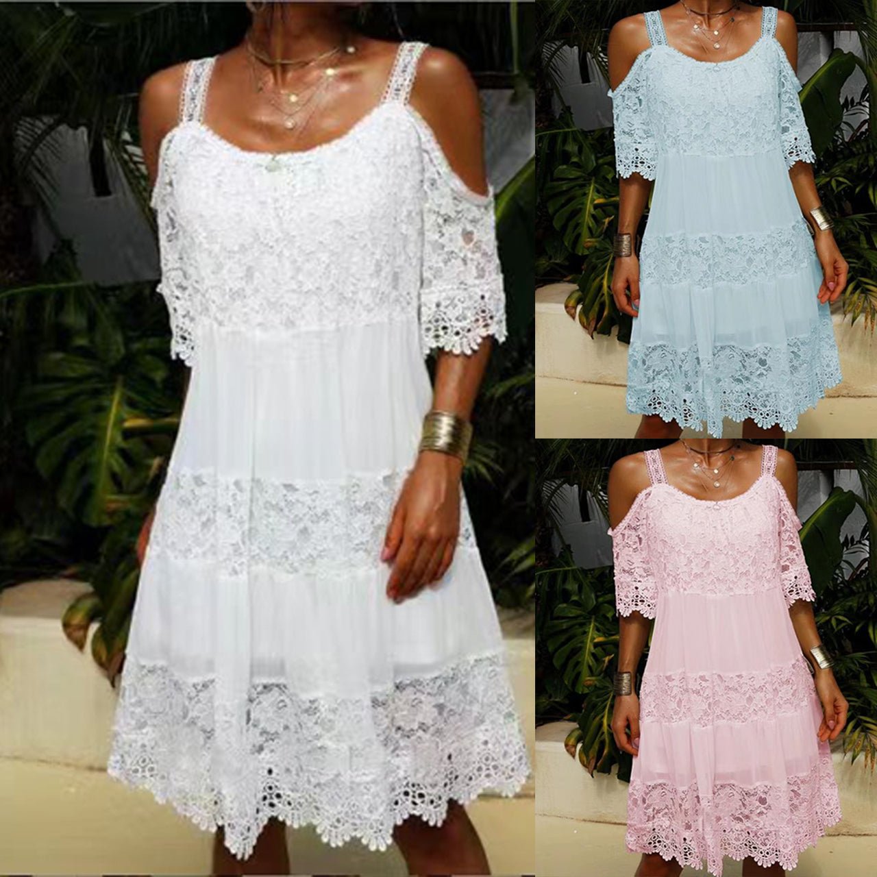 European and American Women's New Summer Chiffon Lace Splicing Holiday Style Solid Suspender Off Shoulder Dress